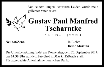 Traueranzeige von Gustav Paul Manfred Tscharntke von Neustadt/ Scheinfeld/ Uffenheim