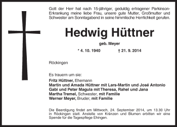 Traueranzeige von Hedwig Hüttner von Dinkelsbühl/ Feuchtwangen