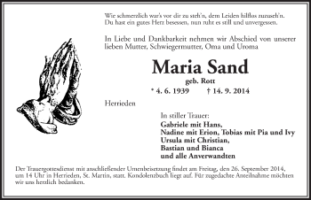 Traueranzeige von Maria Sand von Ansbach