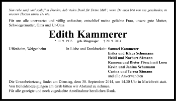 Traueranzeige von Edith Kammerer von Neustadt/ Scheinfeld/ Uffenheim