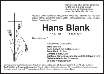 Traueranzeige von Hans Blank von Ansbach