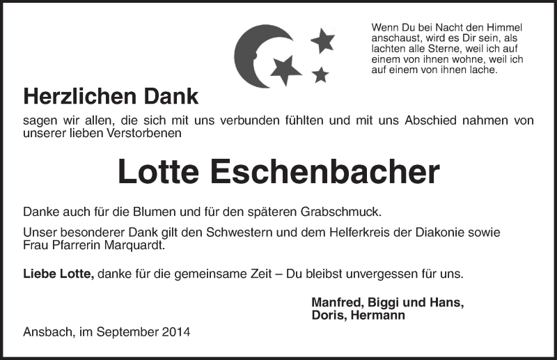  Traueranzeige für Lotte Eschenbacher vom 27.09.2014 aus Ansbach