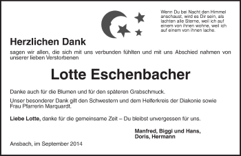 Traueranzeige von Lotte Eschenbacher von Ansbach