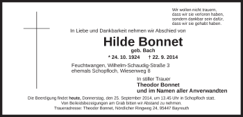 Traueranzeige von Hilde Bonnet von Dinkelsbühl/ Feuchtwangen