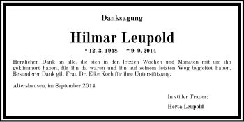 Traueranzeige von Hilmar Leupold von Neustadt/ Scheinfeld/ Uffenheim