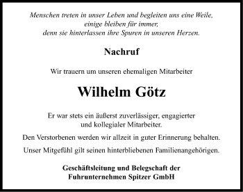 Traueranzeige von Wilhelm Götz von Neustadt/ Scheinfeld/ Uffenheim