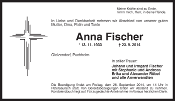 Traueranzeige von Anna Fischer von Ansbach