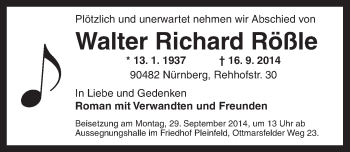 Traueranzeige von Walter Richard Rößle von Ansbach
