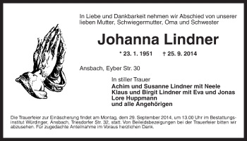 Traueranzeige von Johanna Lindner von Ansbach