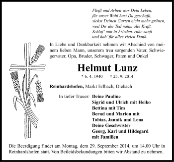 Traueranzeige von Helmut Lunz von Neustadt/ Scheinfeld/ Uffenheim