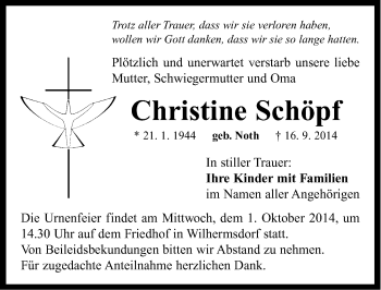 Traueranzeige von Christine Schöpf von Neustadt/ Scheinfeld/ Uffenheim