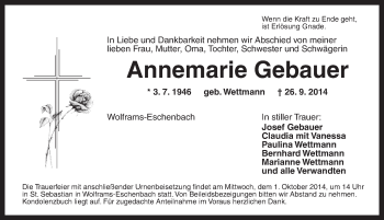 Traueranzeige von Annemarie Gebauer von Ansbach