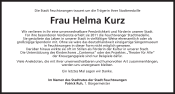 Traueranzeige von Helma Kurz von Dinkelsbühl/ Feuchtwangen
