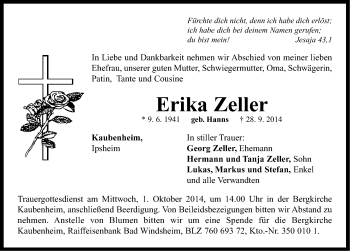 Traueranzeige von Erika Zeller von Neustadt/ Scheinfeld/ Uffenheim