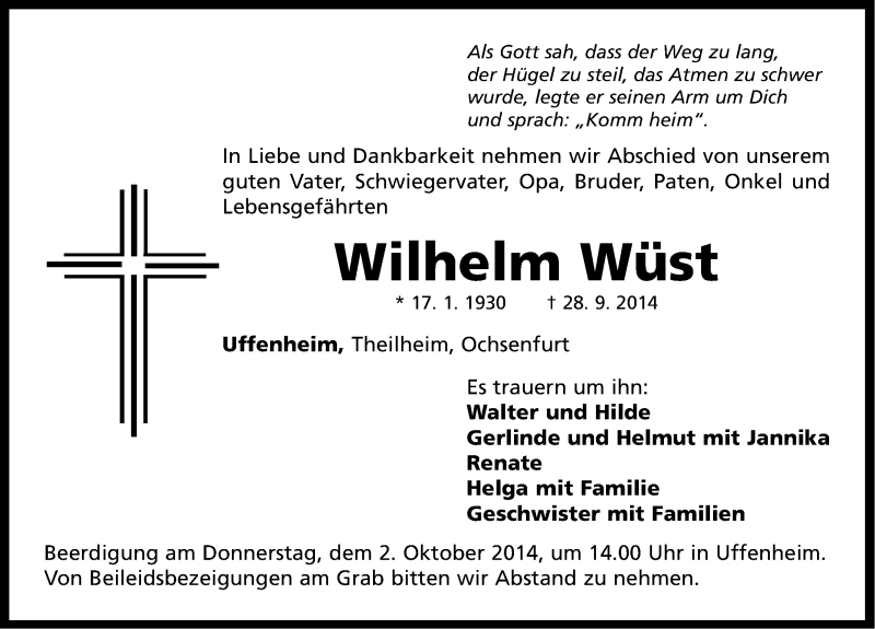  Traueranzeige für Wilhelm Wüst vom 01.10.2014 aus Neustadt/ Scheinfeld/ Uffenheim