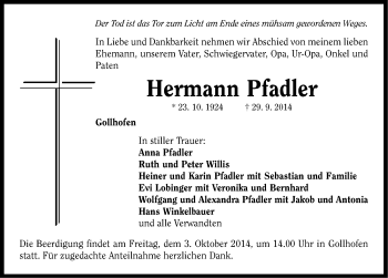 Traueranzeige von Hermann Pfadler von Neustadt/ Scheinfeld/ Uffenheim