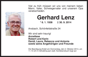 Traueranzeige von Gerhard Lenz von Ansbach