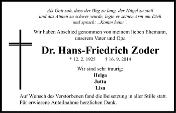 Traueranzeige von Hans-Friedrich Zoder von Neustadt/ Scheinfeld/ Uffenheim