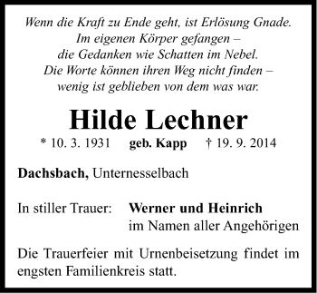 Traueranzeige von Hilde Lechner von Neustadt/ Scheinfeld/ Uffenheim