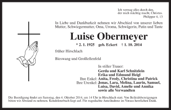 Traueranzeige von Luise Obermeyer von Ansbach