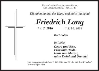 Traueranzeige von Friedrich Lang von Ansbach