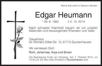 Traueranzeige von Edgar Heumann von Ansbach
