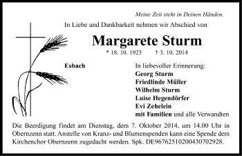 Traueranzeige von Margarete Sturm von Neustadt/ Scheinfeld/ Uffenheim