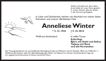 Traueranzeige von Anneliese Winter von Ansbach