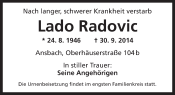 Traueranzeige von Lado Radovic von Ansbach