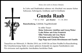 Traueranzeige von Gunda Raab von Neustadt/ Scheinfeld/ Uffenheim