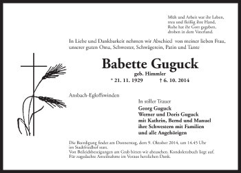 Traueranzeige von Babette Guguck von Ansbach
