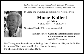 Traueranzeige von Marie Kallert von Neustadt/ Scheinfeld/ Uffenheim