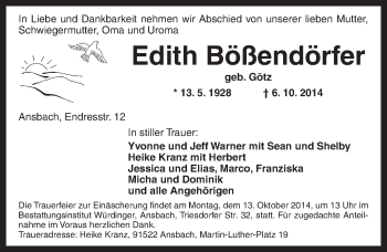 Traueranzeige von Edith Bößendörfer von Dinkelsbühl/ Feuchtwangen