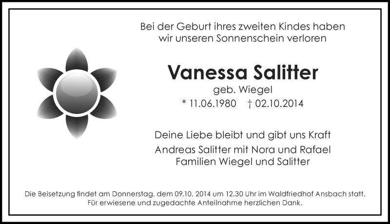 Traueranzeige für Vanessa Salitter vom 08.10.2014 aus Ansbach