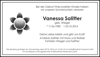 Traueranzeige von Vanessa Salitter von Ansbach