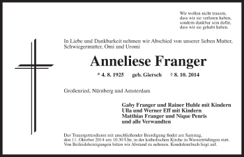 Traueranzeige von Anneliese Franger von Dinkelsbühl/ Feuchtwangen