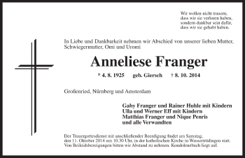 Traueranzeige von Anneliese Franger von Ansbach