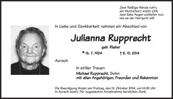Traueranzeige von Julianna Rupprecht von Ansbach