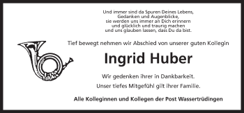 Traueranzeige von Ingrid Huber von Dinkelsbühl/ Feuchtwangen