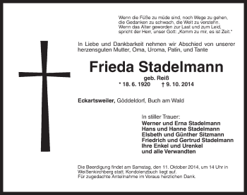 Traueranzeige von Frieda Stadelmann von Ansbach
