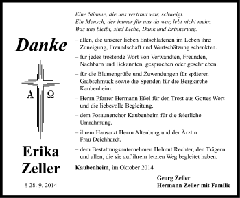 Traueranzeige von Erika Zeller von Neustadt/ Scheinfeld/ Uffenheim