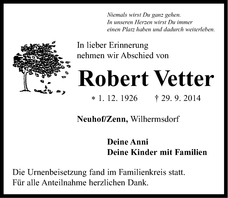  Traueranzeige für Robert Vetter vom 11.10.2014 aus Neustadt/ Scheinfeld/ Uffenheim