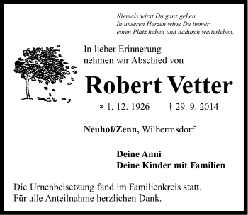 Traueranzeige von Robert Vetter von Neustadt/ Scheinfeld/ Uffenheim