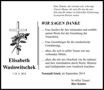 Traueranzeige von Elisabeth Waslowitschek von Neustadt/ Scheinfeld/ Uffenheim