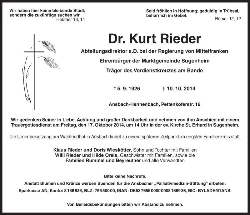  Traueranzeige für Kurt Rieder vom 13.10.2014 aus Gesamtausgabe