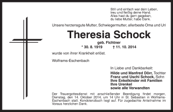 Traueranzeige von Theresia Schock von Ansbach