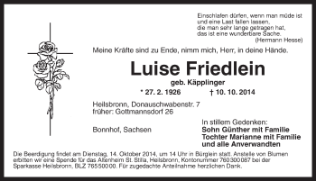 Traueranzeige von Luise Friedlein von Ansbach