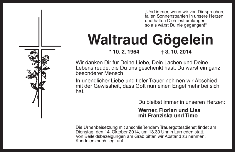  Traueranzeige für Waltraud Gögelein vom 13.10.2014 aus Dinkelsbühl/ Feuchtwangen
