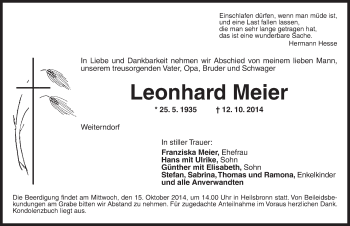 Traueranzeige von Leonhard Meier von Ansbach