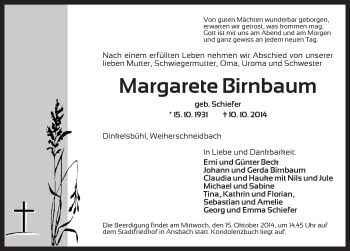 Traueranzeige von Margarete Birnbaum von Dinkelsbühl/ Feuchtwangen